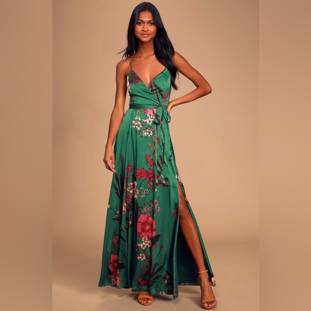 Lulu’s Still the One Emerald Green Floral Print Satin Maxi Dress